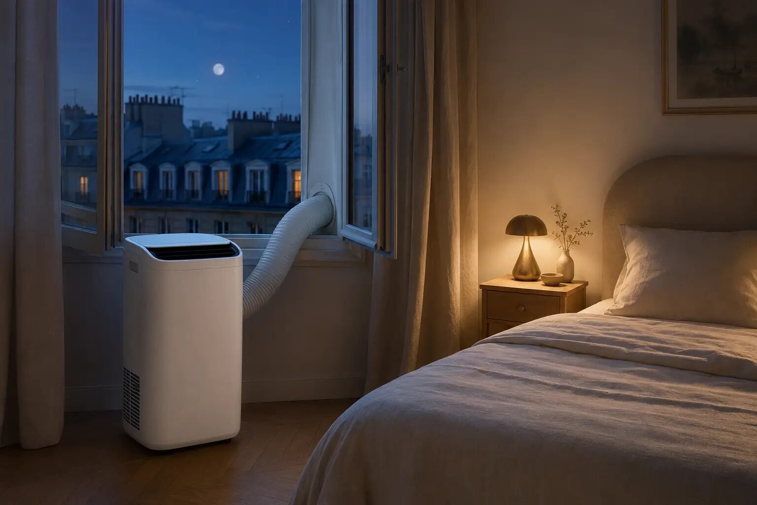 Climatiseur portable New Air Mobile 12 utilisé en mode Nuit dans une chambre à Paris